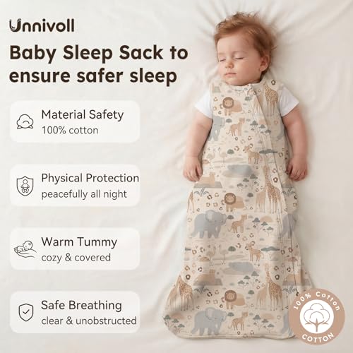 Image of Baby Sleep Sack 6-12 Months 0.5 Tog Baby Wearable Blanket 100% Cotton Sleeping Sack with 2-Way Zipper for Newborn Infant Apricot Gray Elephant