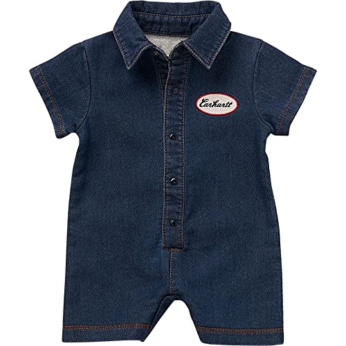 Image of Carhartt Kid's CM8736 Short-Sleeve Knit Denim Snap-Front Romper - Boys - 6 Months - Medium Wash