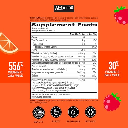 Image of Airborne Kids 500mg Vitamin C Gummies, Kids Immune Support Zinc Gummies with Powerful Antioxidants VIT C & E - 63, Assorted Fruit Flavor | Antioxidants Vitamins A, D & E + Zinc, Selenium, and Manganese, Herbal Blend, Naturally Flavored Supplements, Immune health