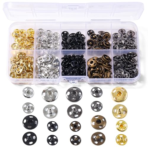 Scaups 200 Pcs Snaps for Fabric 8mm and 10mm Fabric Snaps 5 Colors Snap Buttons for Clothes Suitable for Sewing