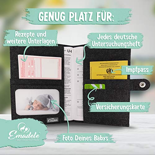 Emadele U-Heft Schutzhülle 'Aus dem Bauch mitten ins Herz' Hellgrau aus Filz Handmade. Kinder-Untersuchungsheft Hülle für Impfpass – Ansicht 4