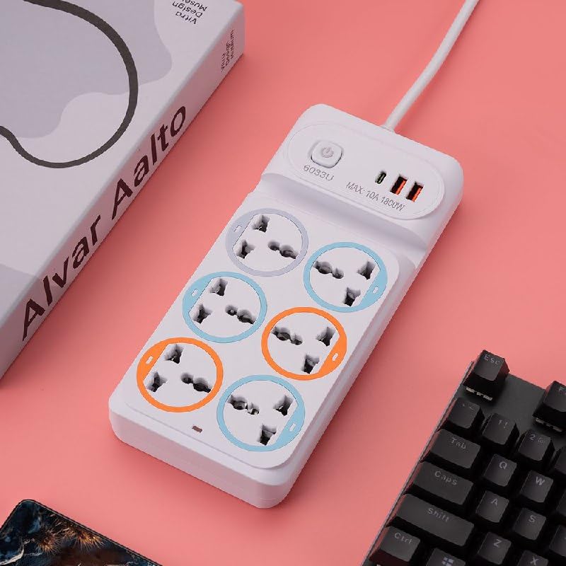 Image of Power Strip with 6 Universal Sockets with Child Security + 2 USB Ports + 1 Type-C Port, High Temperature Fuse Protector, 1800W with 2 Meter Cable(2 USB 6 Plug New White)