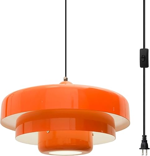 Lámpara colgante enchufable de mediados de siglo con cable de enchufe, pantalla de metal de 3 capas, interruptor de encendidoapagado, lámpara