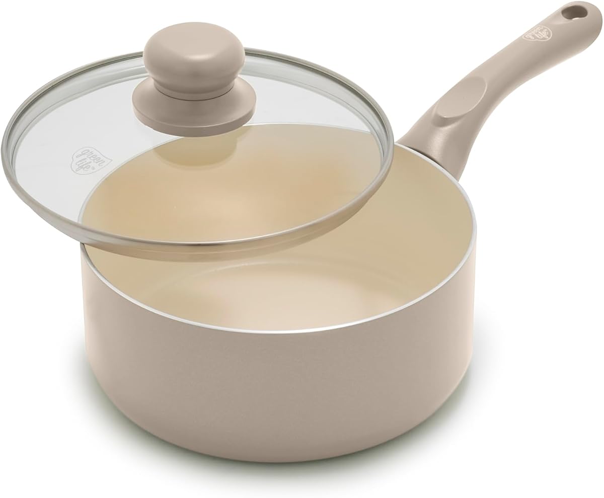 GreenLife 2QT Ceramic Nonstick Saucepan with Lid, Beige Taupe | PFAS-Free Ceramic Nonstick Coating, Soup Pot, Induction Ready, All Stovetop Compatible, Stay-Cool Handles, Dishwasher Safe