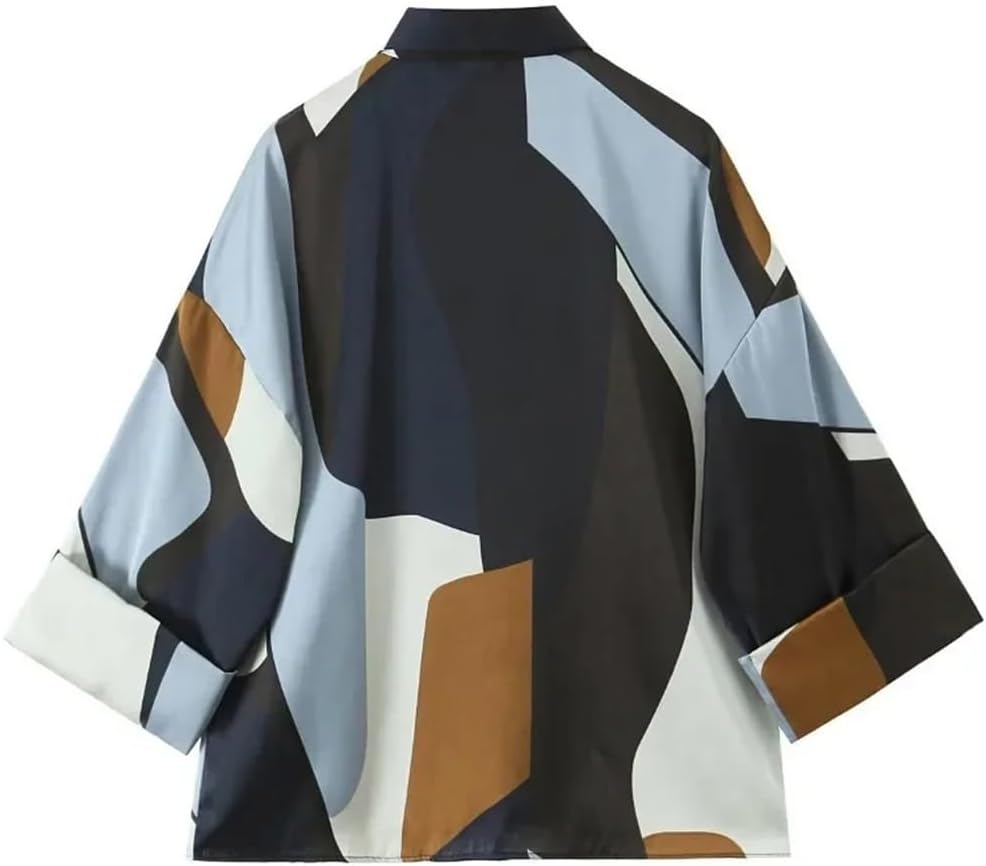 Women's Satin Texture Print Shirt Lapel Long Sleeved Single Breasted Top Summer Casual Beach Blouses