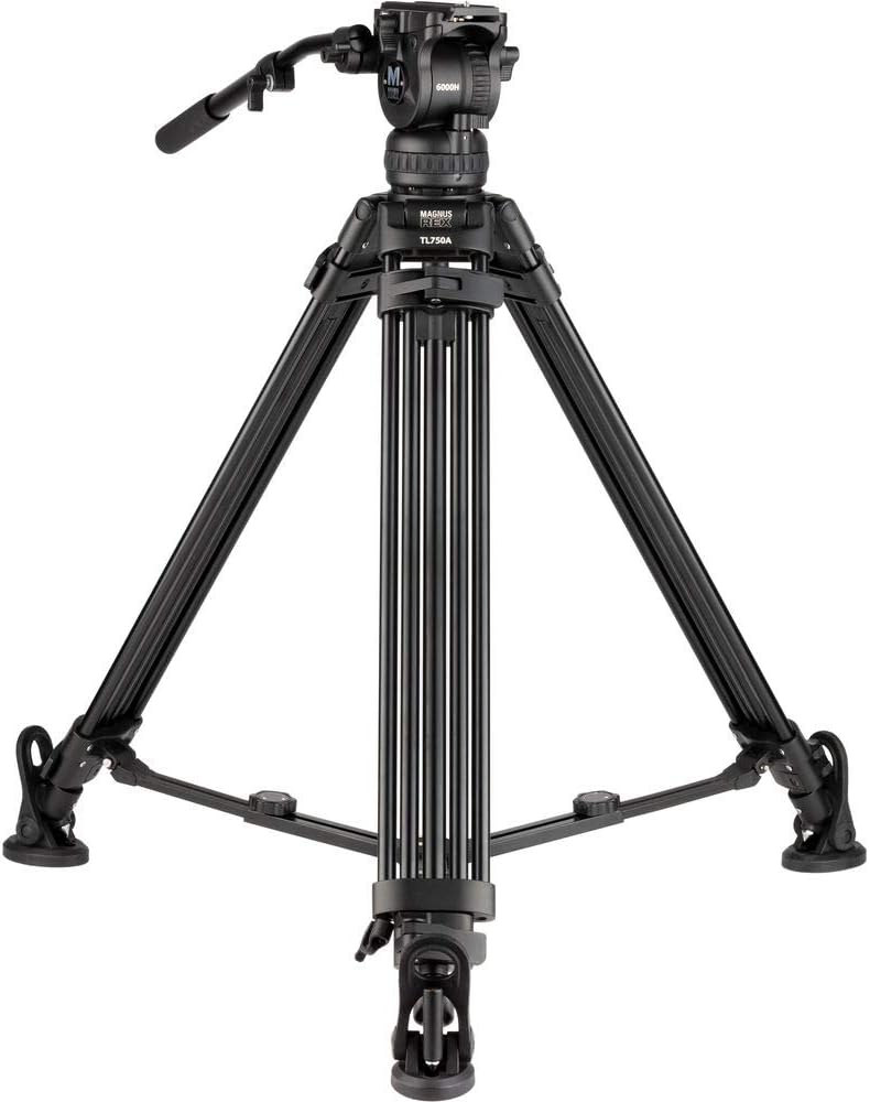 Magnus REX VT-6000 2-Stage Aluminum Video Tripod with Fluid Head, 75mm Half Ball, Extends to 65”, Max Load 17 lbs. Dual-spiked feet, mid-level spreader. Plus QR Plate, Pan Bar, and Case