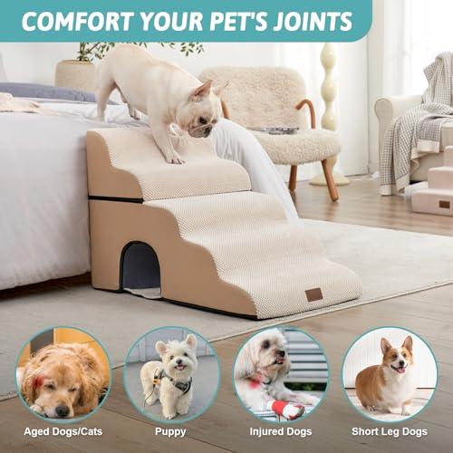 Image of COZY KISS Dog Stairs,with condo,22.4 inch H 5 Steps for Bed,Beige | 5-step dog stairs for Old Cats, Puppy, Small Dogs,Non-Slip Base,for Couch & Bed, 17.7x33x22.4
