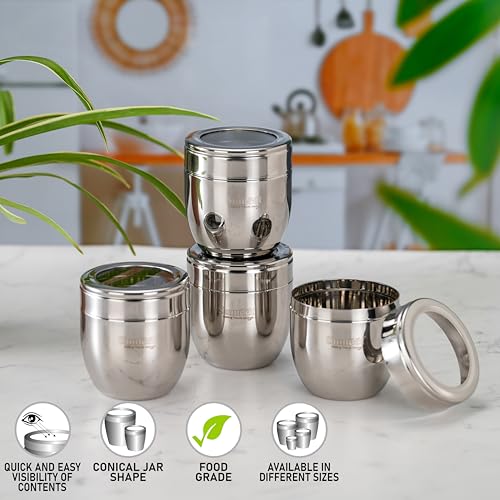 Image of Sumeet Stainless Steel Conical Shape Canisters /Dabba /Storage Containers for Kitchen with See Through Lid, Set of 4 Pcs, 400ml Each, 8.5cm Dia, Silver