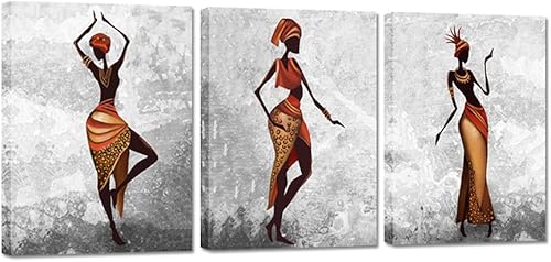 DuoBaorom 3 piezas de arte de pared afroamericano abstracto, niña negra, tribu étnica africana, damas, bailarinas, pintura sobre lienzo para