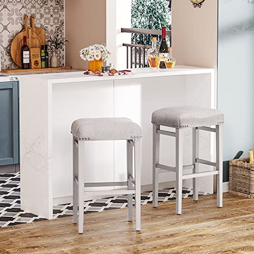 Odk 29" Bar Stools Of 2 Modern Saddle Stool For Home Bar Pub Dining Kitchen Counter Height Bar Stools White Cloth Bar Stool With Nailhead Thick Cushion Backless Barstools Island Chairs #TOP1