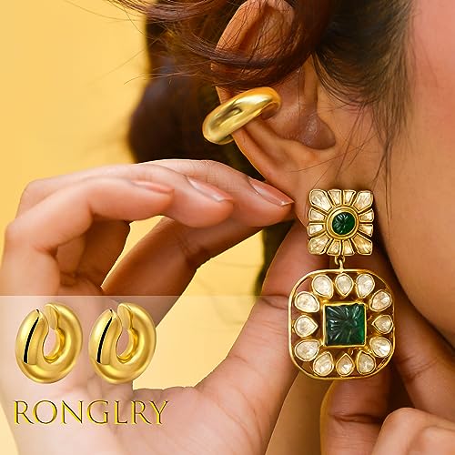Ronglry-Chunky-Gold-Hoop-Earrings-and-Ear-Cuffs-for-Women-Non-Piercing-Hollow-Lightweight-Stainless-Steel-Thick-Open-Hoops-Earrings-with-18K-Gold-Plated-Chunky-Ear-Cuff-Hypoallergenic-Huggie-Clip-On-E