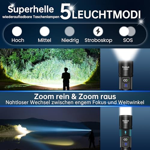 Taschenlampe LED Aufladbar 2 Stück, USB-C, Zoom, LCD-Display, 5 Modi – Ansicht 3