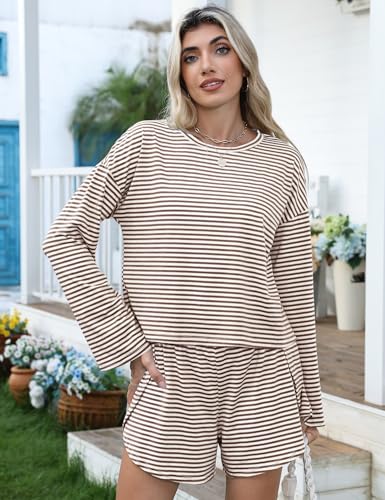 Kistore Womens 2 Piece Pajama Sets Long Sleeve Top and Shorts Sleepwear Pjs Lounge Matching Split Short Sets2