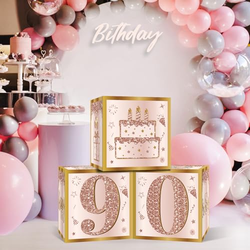 Image of Guiruiy 3Pcs 90th Birthday Decorations Boxes for Women, Pink Rose Gold 90th Birthday Balloons Boxes Party Supplies, Pink Ninety Year Old Bday Theme Cardboard Box Decor