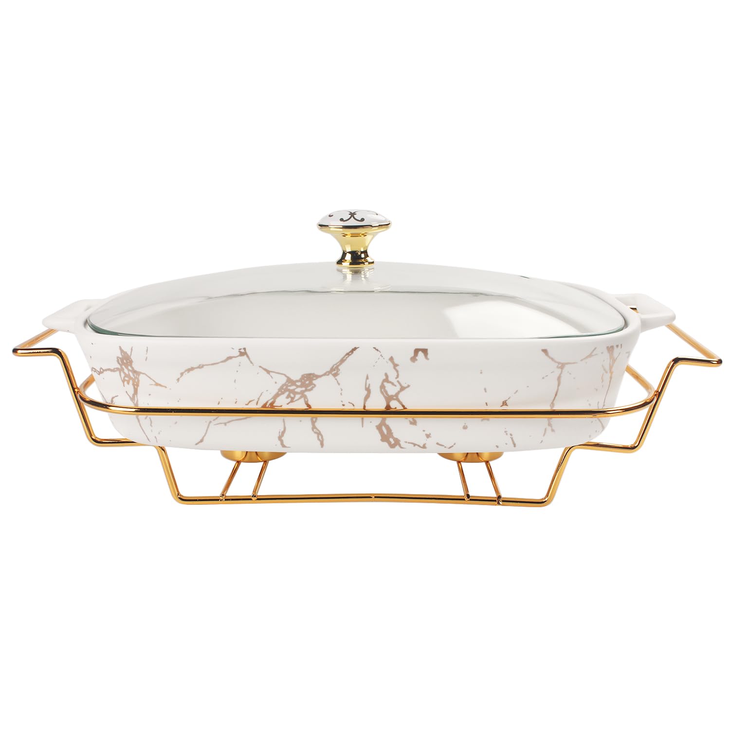 jinsongdafa Ceramic Casserole Dish with Glass Lid and rack, 2.2 Quart Serving Soup Tureen,Chafing Dish for Buffet, Family Food preserve Tray, Catering Casserole for Party Style,White 15.2 Inch