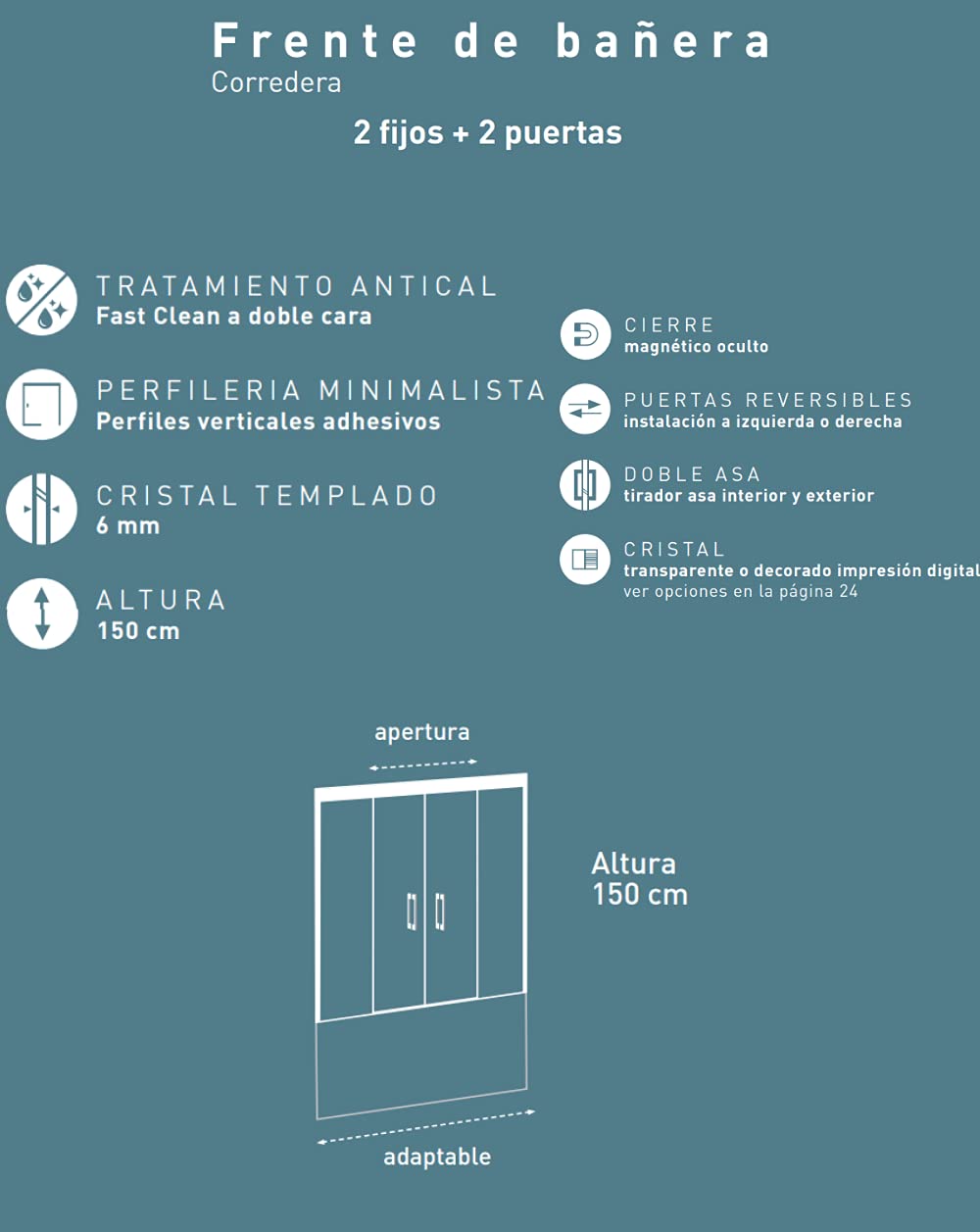 Mampara Bañera Frontal Corredera | Frente de Bañera de 2 Fijos + 2 Puertas Correderas Apertura Central | Cristal templado de 6mm ANTICAL | Altura 150cm | Transparente 165 cm (Adaptable 159-164cm)