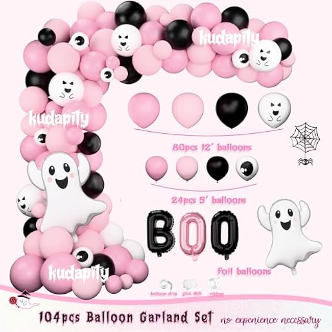 Pink Happy Boo Day Party Decorations, Halloween Birthday Party Decorations Girls, Happy Spooky Booday Balloon Garland Backdrop Ghost Spider Web Banner Topper Bat for Halloween Boo Party Supplies Girl