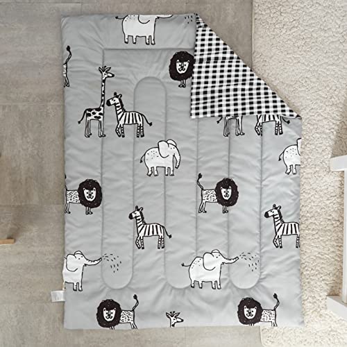 Image of Flysheep 4 Piece Gray Grey Toddler Bedding Set with Multi Animals Printed for Baby Boys - Includes Quilted Comforter, Flat Sheet, Fitted Sheet & Pillow Case, Soft & Comfortable Microfiber