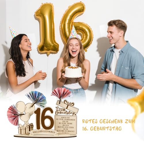 BOFUNX Geldgeschenke zum 16. Geburtstag Mädchen Jungen Holz Verpackung Geschenke 16 Geburtstag Jungen Mädchen Holz Schild Gästebuch Geburtstagsgeschenk 16 Geburtstag Geschenk Tischdeko