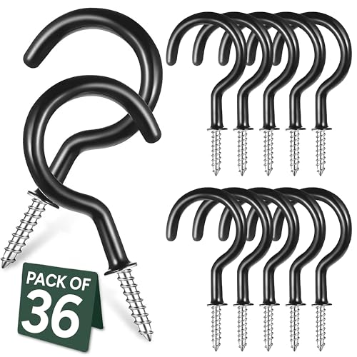 Zuvo 36 Pack Screw in Cup Hooks Black Vinyl Coated for Wood and Outdoor