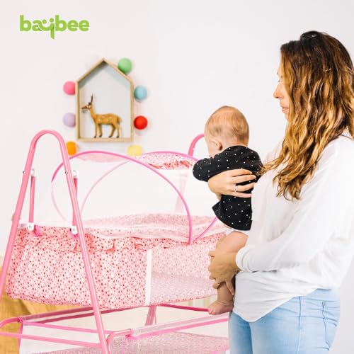 Image of BAYBEE Clora Baby Cradle and Swing with Mosquito Net | Jhula Palna for Newborns | 360 Rotating Lockable Wheels & Storage Basket | Pink