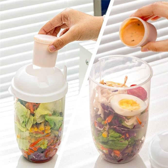 1000ml Salad Cup with Fork, Lid and Handle for Weight Loss, Portable with Space for Lamp (White)