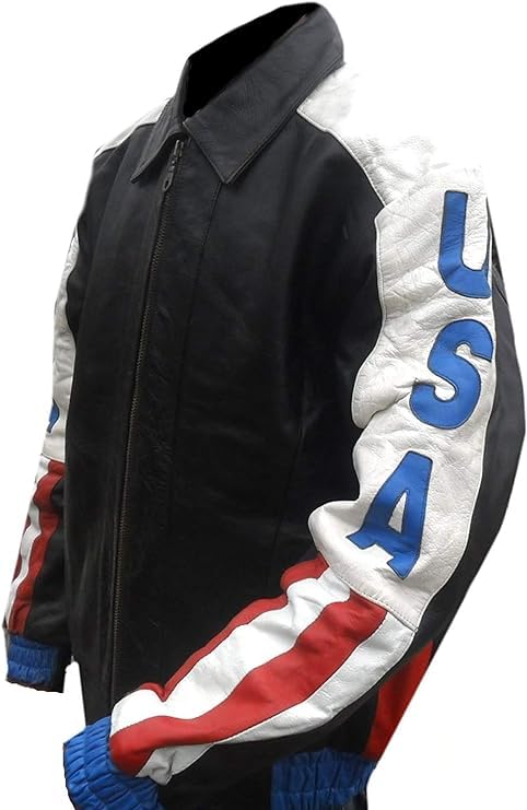 Men's USA Flag Logo Design Biker Bomber Motorcycle Black Real Leather Jacket3