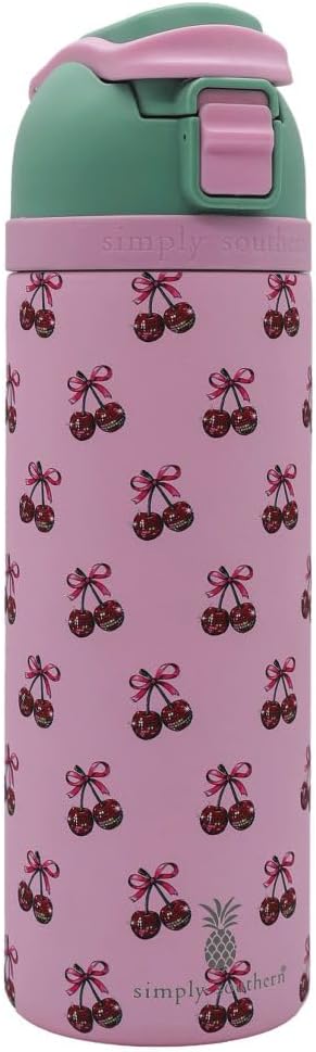 Simply Southern 24 oz Insulated Bottle Tumblers with Pop Top, 5 Decorative Patterns (Cherry)