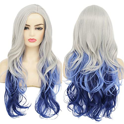 Beweig Long Curly Wavy Silver Grey To Blue Wig Side Part Natural Looking Synthetic Cosplay Wig For Women #TOP2
