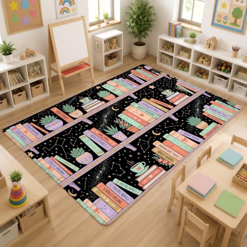 Tapis moderne et confortable, motif tasse à thé, tapis noir confortable, résistant à la décoloration, tapis esthétique pour salle de classe, bibliothèque, décoration d'apprentissage 1,5 x 2,1 m