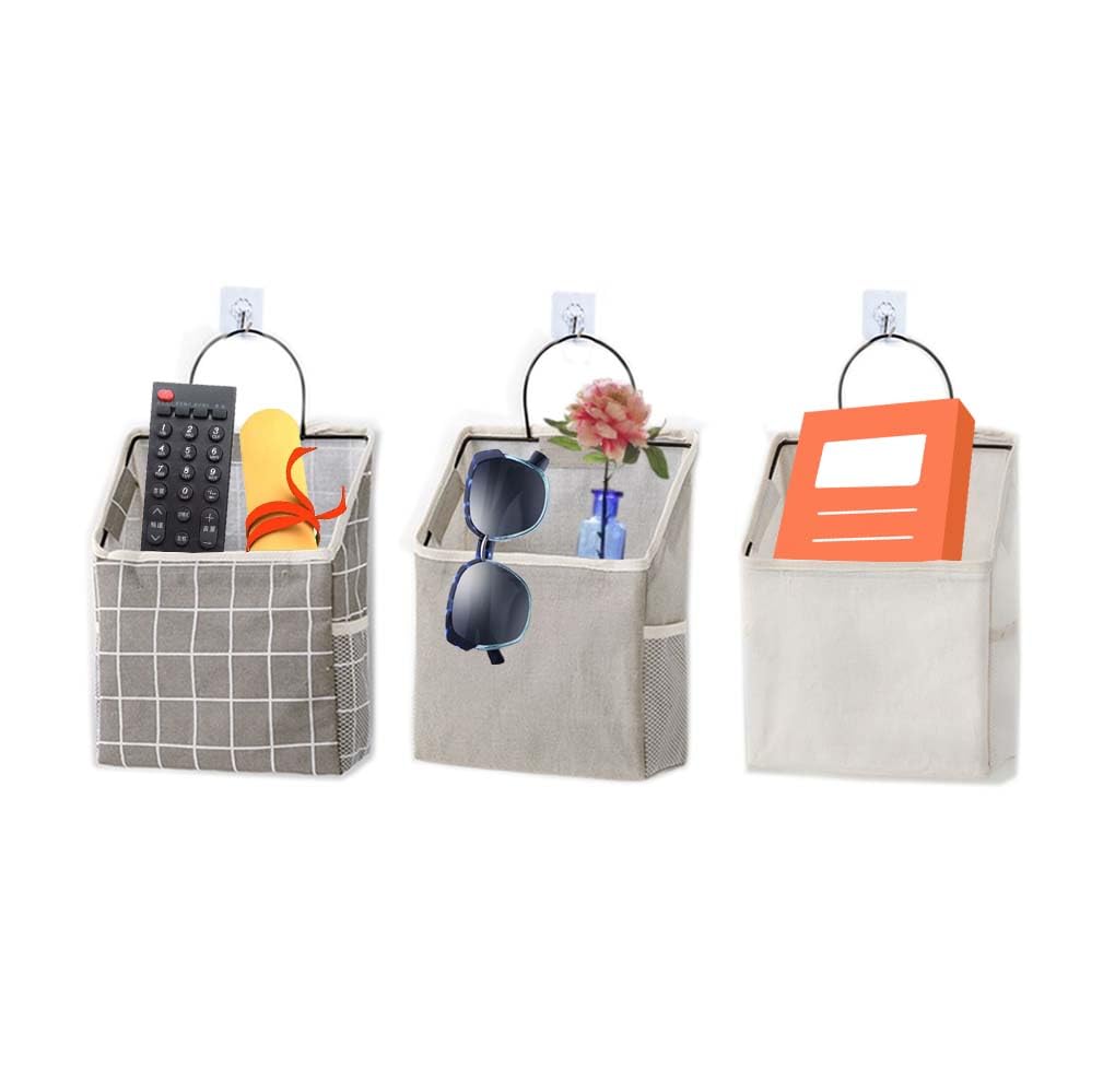 kamuavni Dorm Wall Organizer,Kitchen Shelves Wall Mounted,Closet Hanging Storage with Pocket,3 Pack Linen Cotton Organizer Box Containers 9 * 4.3 * 11.4inch (Gray+White+Plaids)