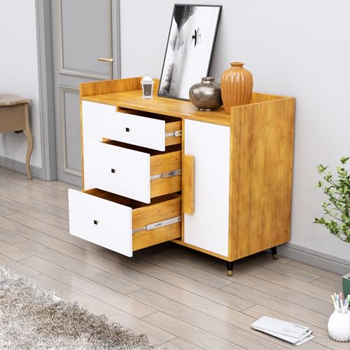Image of Bniture Wooden Sideboard Cabinet for Living Room | Wooden Storage Cabinet with 2 Door & 3 Drawer | Engineered Wood Multipurpose Cabinet with Spacious Shelves for Home | Giant Wood & Frosty White