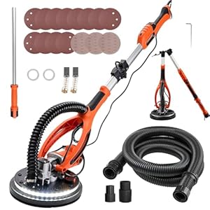 VEVOR Trockenbauschleifer 850 W, Deckenschleifer mit 255 mm Schleifteller, Langhalsschleifer mit 800–1700 U/min Drehzahl, Doppelwandiger LED, Ausziehbarem Griff, 15 Schleifscheiben, Staubschlauch