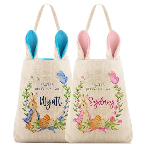 Set of 2, Personalized Easter Basket for Girls & Boys w Name, Blue or Pink Bunny Ears, Customized Tote Bag with Handle for Easter Eggs, Easter Gifts Bag for Kids, Personalized Candy Basket