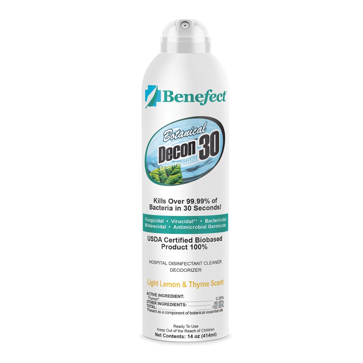 Benefect Botanical Decon 30 Disinfectant Cleaner, 14 oz. Ready-To-Use Spray, Hospital Grade Disinfectant, Kills Over 99.99% of Germs, Safe for Food-Contact Surfaces (Light Lemon &amp; Thyme Scent)