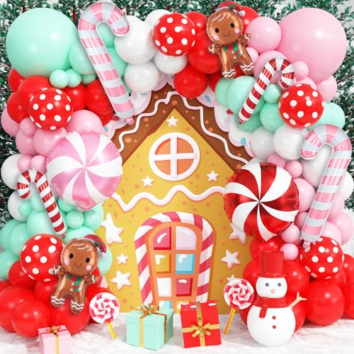 Christmas Balloons Arch Xmas 132PCS Red Pink Green White Balloons Garland for Gingerbread Party Decorations with Cane Foil Balloons Lollipop Candy Balloon New Year Cookie Exchange Decor