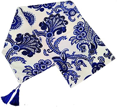 Buweirezhi Handmade Vintage Chinese Style Dining Table Runner Tassel Flax Blue and White Porcelain Floral Top Home Decoration (12x86in)
