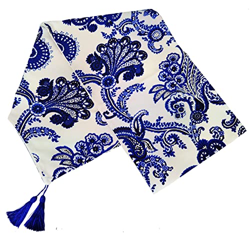 Buweirezhi Handmade Vintage Chinese Style Dining Table Runner Tassel Flax Blue And White Porcelain Floral Top Home Decoration (12X86In) #TOP23