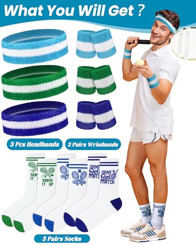 Shihanee 9 Pcs Tennis Sweatbands Set for Men Women Sports Striped Headband and Wristbands Athletic Socks for Tennis Lover Gear Accessories2