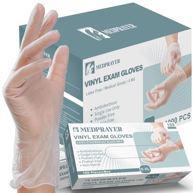 Vinyl Exam Gloves - Disposable Latex & Powder Free Gloves for Cleaning, Hand Protection and Food Safe Use - 4 Mil