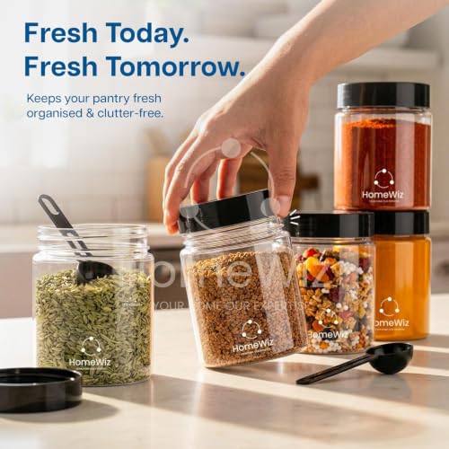 Image of HomeWiz Airtight Kitchen Storage Containers Set of 10 (250ML Each) | Unbreakable Transparent Plastic Masala Box for Spice, Cereal, Dry Fruits | Round Jars with Spoons | Kitchen Accessories