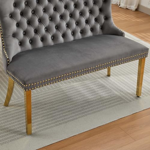 Image of 45.6''Velvet Dining Bench, Button Tufted Upholstered Dining Table Bench with Wing Highback, Nailhead Decoration, Small Loveseat Sofa with Gold-Plated Steel Legs, Mid Century Modern Seating, Grey