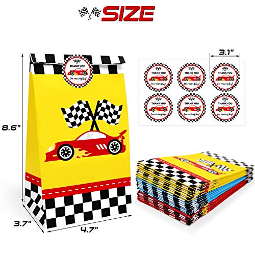 24 Pack Race Car Party Treat Bags With Thank You Stickers, Racing Pit Crew Goody Gift Bags For Let's Go Racing Party Supplies Two Fast Birthday Checkered Flags Party Decorations #TOP1