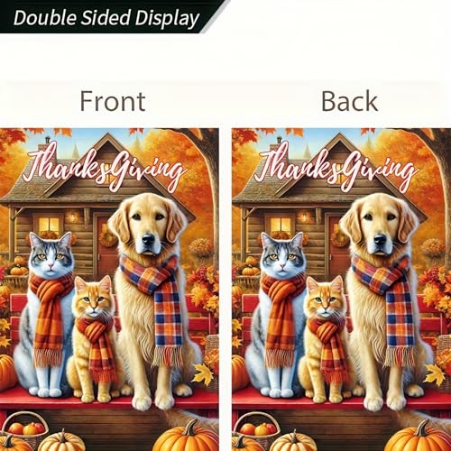 Image of BlissYard Thanksgiving Dog and Cat Garden Flag 12x18 Inch Fall Yard Decor | Double sided polyester, dog, cats and pumpkin design, cozy fall decor for porch, garden, lawn and yard