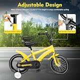 Linanty Rower dziecięcy 14", żółty rower dziecięcy z kółkami podporowymi, regulowana wysokość siedziska, podwójne hamulce, rower dla chłopców i dziewczynek do treningu na świeżym powietrzu