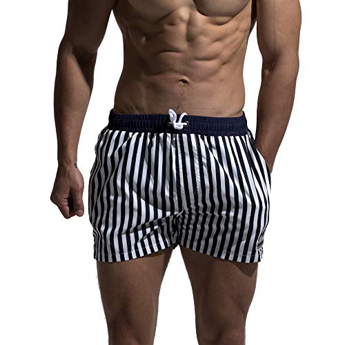 Men's Classical Board Shorts Navy Blue Striped Shorts Trunks Also for Gym