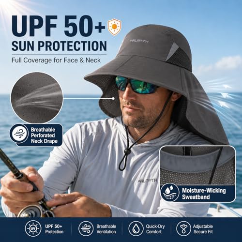 Image of Palmyth Fishing Hat Wide Brim Sun Hat with Neck Flap & Sunglasses Storage