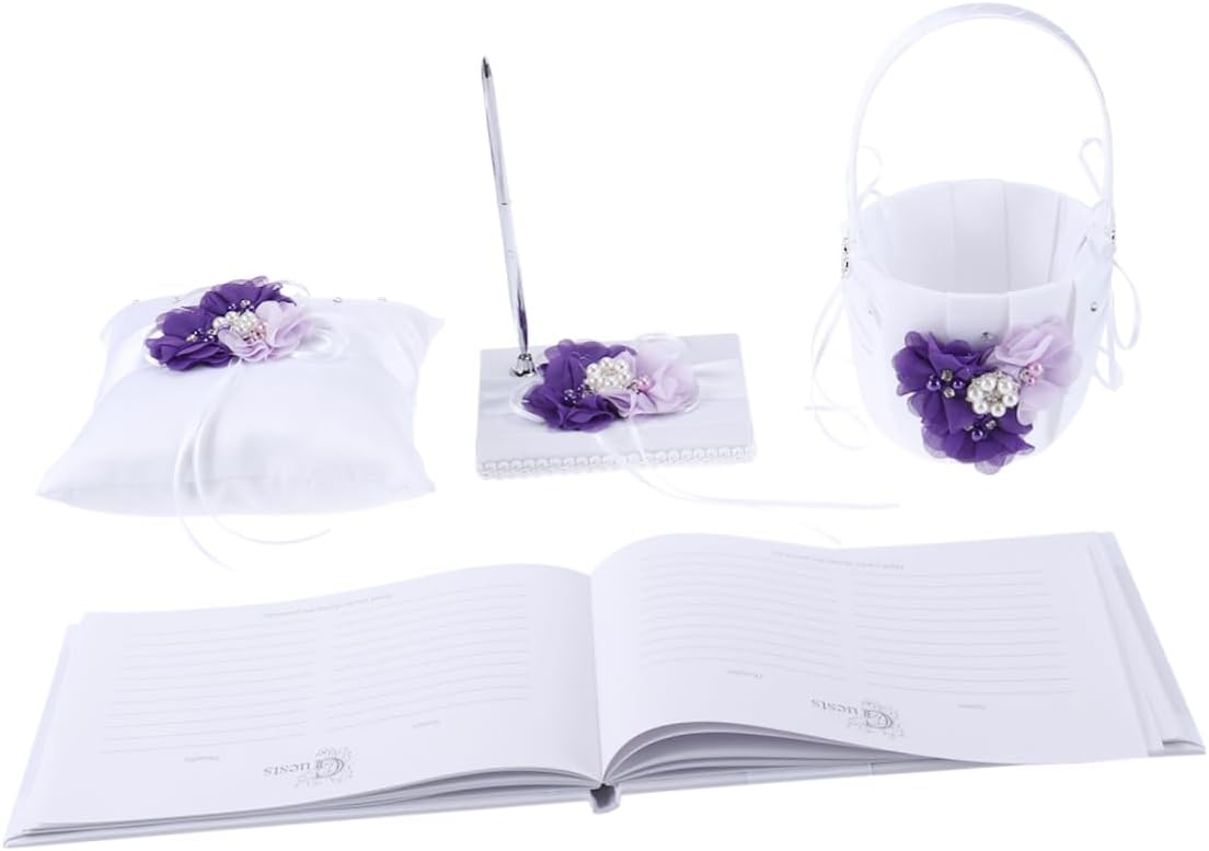 Kichvoe 4pcs Wedding Ring Pillow with Chic Pearl Flowers Flower Basket Notebook and Pen Holder for Bride Ceremony Taro Color Purple Floral Design