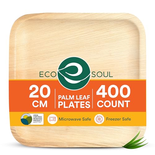 ECO SOUL Compostable 8 Inch Palm Leaf Square Plates (400 Count) Like Bamboo Plates Biodegradable Eco-Friendly, Microwave & Oven Safe