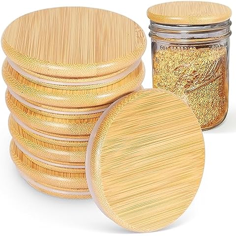 6 Pack Regular Mouth Bamboo Mason Jar Lids, Wooden Ball Jar Lids with Airtight Silicone Seal, Perfect for Dry food Storage. (6PCS-Regular) Cover